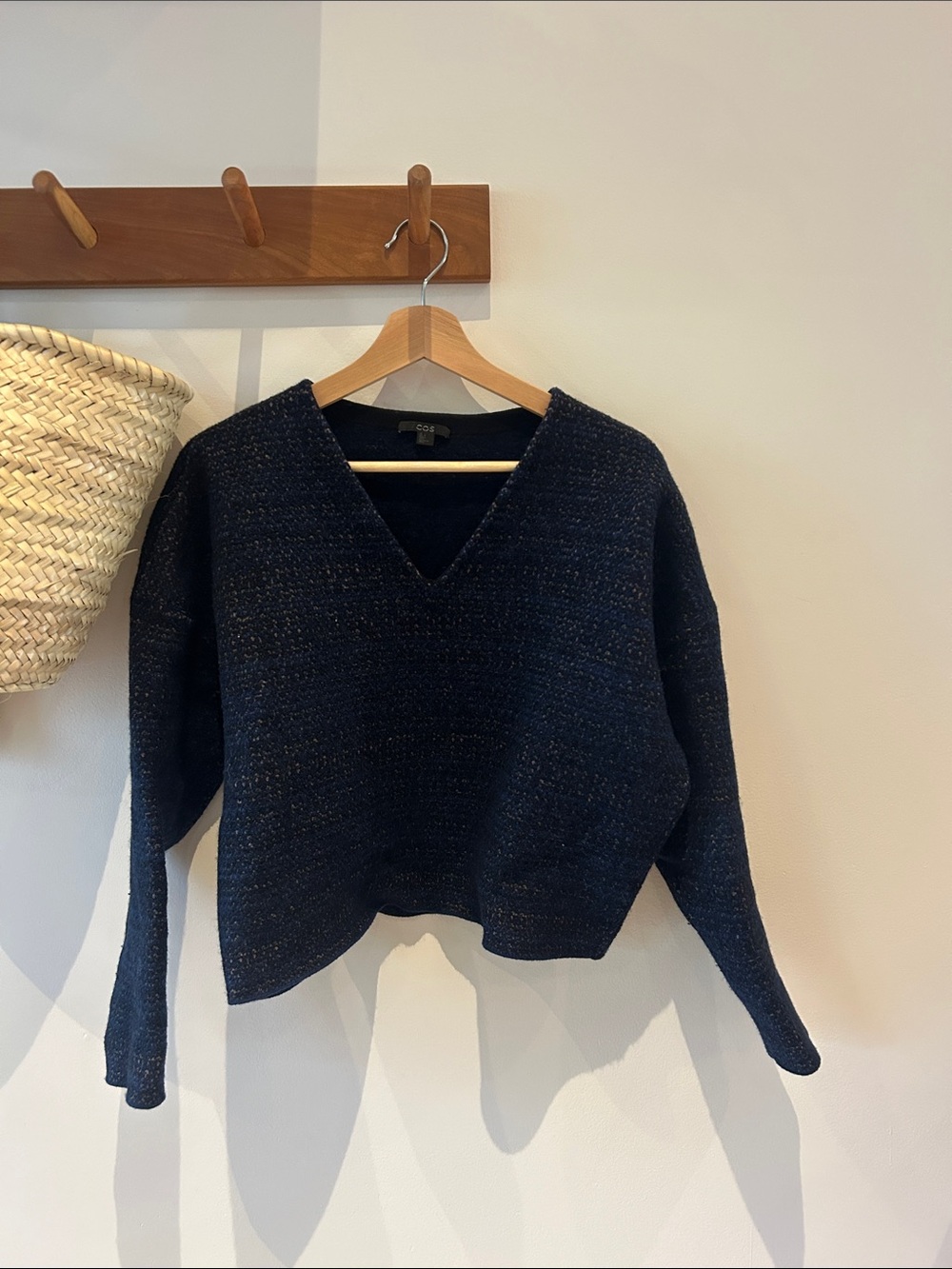 COS Navy Textured V-Neck Sweater